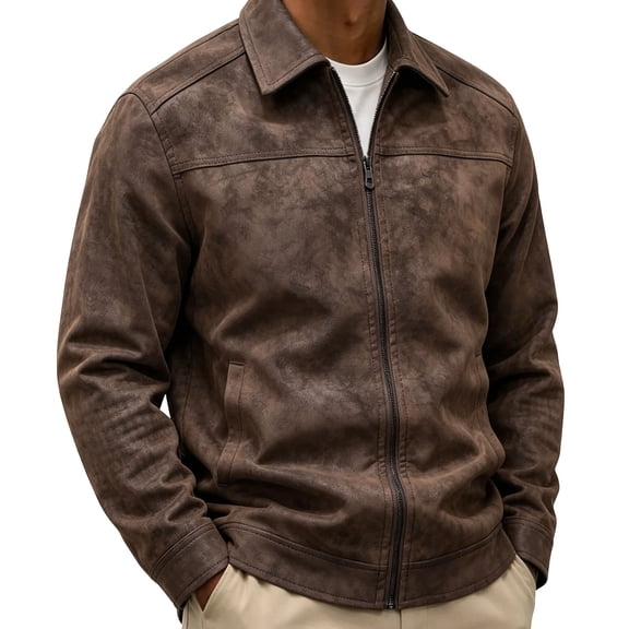 WIZUTIZ Men's Leather Jacket Solid Color Motorcycle Vintage Zipper Pocket Long Sleeve Hoodless PU Coat for Winter Casual Daily Outdoor Mens Fashion