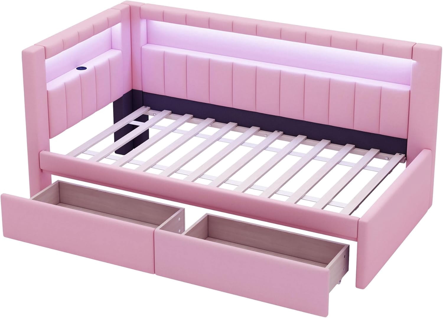 AISWORD Twin Size Daybed with Storage Drawers and L-Shaped Bookshelf Headboard, Upholstered Soft Corner Bed with Shelves, Charging Station and LED Belt, Pink