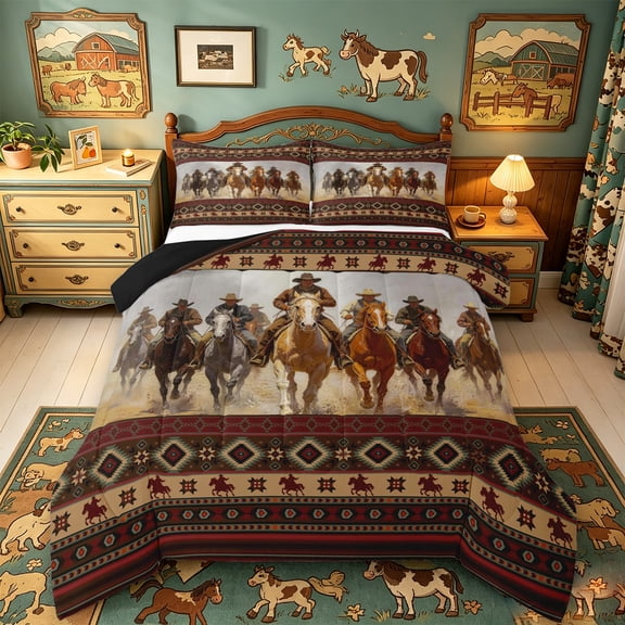 meiyoeat Vintage Cowboy Horse Aztec Print Full Size Comforter Sets For Boys,Rustic Western Pattern Bedding Comforter Set,Reversible,3 Pieces,1 Comforter and 2 Pillowcases