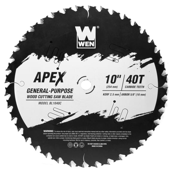 WEN Products Apex 10-Inch 40-Tooth Carbide-Tipped General-Purpose Industrial-Grade Woodworking Saw Blade with Cool-Cut Coating