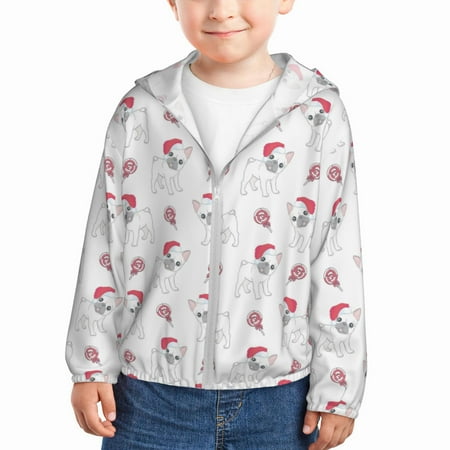 

Sun Hoodie for Kids Cute Christmas French Bulldog Long Sleeve Swim Fishing Shirts Sun Protection Zip Up Jacket Clothing Athletic Hoodie