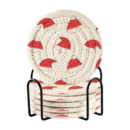 

6 Pcs Drink Coasters with Holder Absorbent Coasters Minimalist Home Decor Coaster Set Stylish Handmade Round Woven Coaster for Drinks Table Desk Protection Santa Hat Pattern
