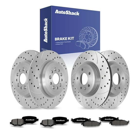 AutoShack Front Vented & Rear Solid Drilled & Slotted Coated Brake Rotors Silver Matte Finish Premium Ceramic Pads 12-PC Brake Kit Replacement for 2011-2019 Ford Explorer TurboGuard