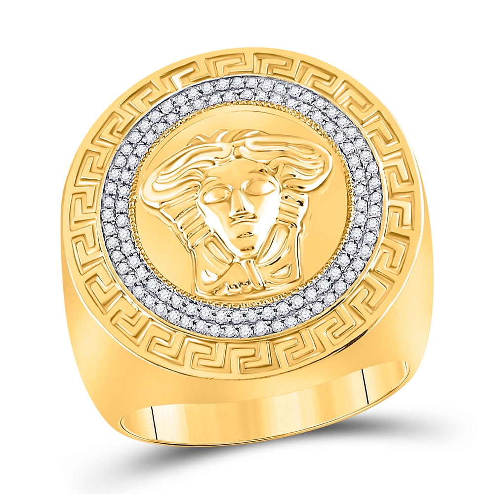 GnD 10kt Yellow Gold Mens Round Diamond Medusa Face Greek Key Fashion