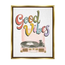 Stupell Industries Retro Good Vibes Turntable Typography Painting Gold Floater Framed Art Print Wall Art, 25 x 31