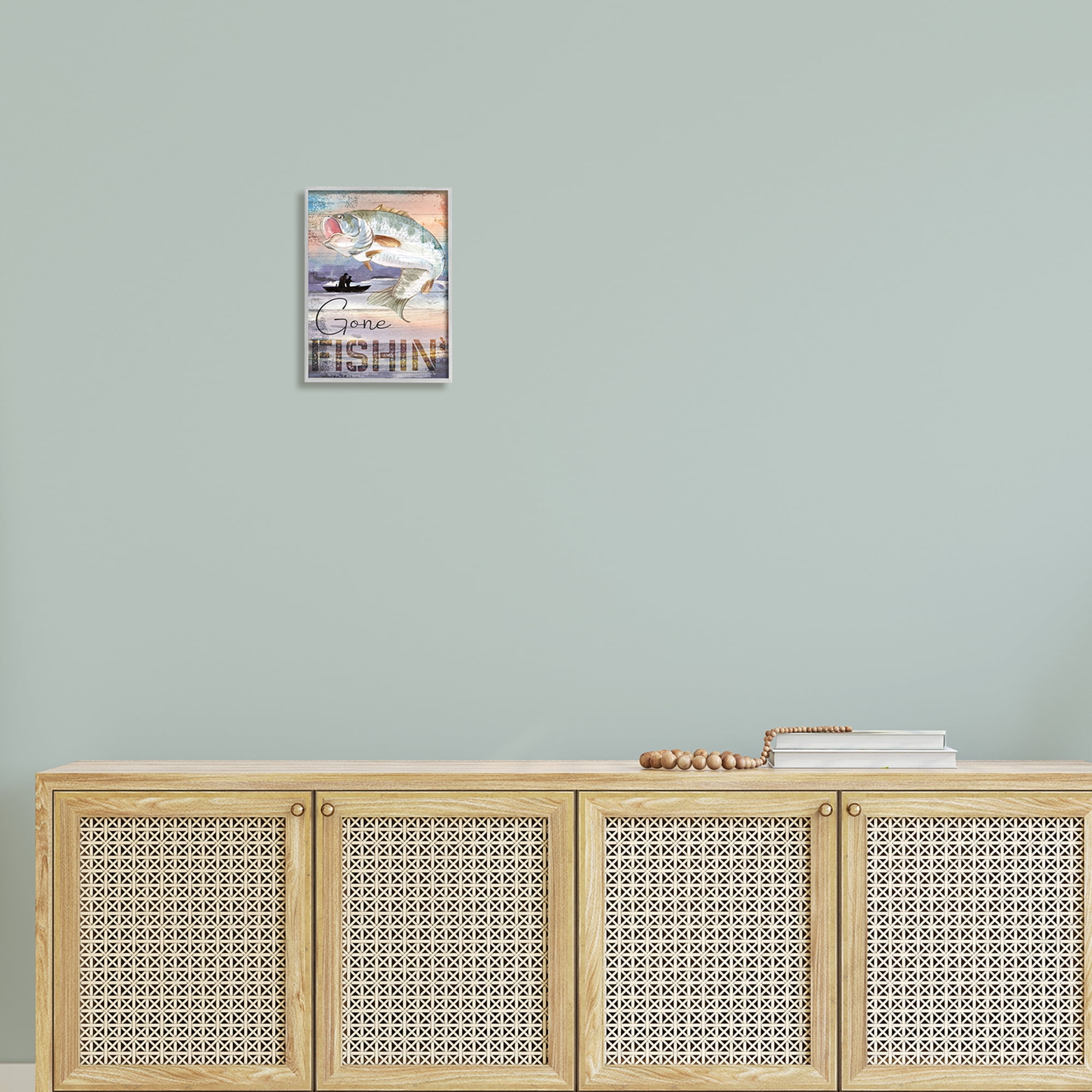 Stupell Gone Fishin' Bass Angler Marine Life Landscape Painting Gray Framed Art Print Wall Art