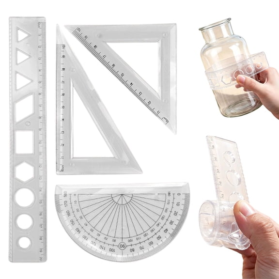 Flexible Geometry Ruler Set,7.87in Bendable Measuring Kit 4‑Piece,Clear Soft Plastic Protractor Triangle Rulers for Drafting Craft DIY Graphic Work,Value‑Practical Option