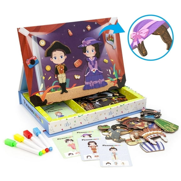 PicassoTiles 115PCS Magnetic Face-Board Mix & Match Activity DIY Dress Up Puzzle Book, STEM Educational Toy Set with 20 Free Creative Idea Cards