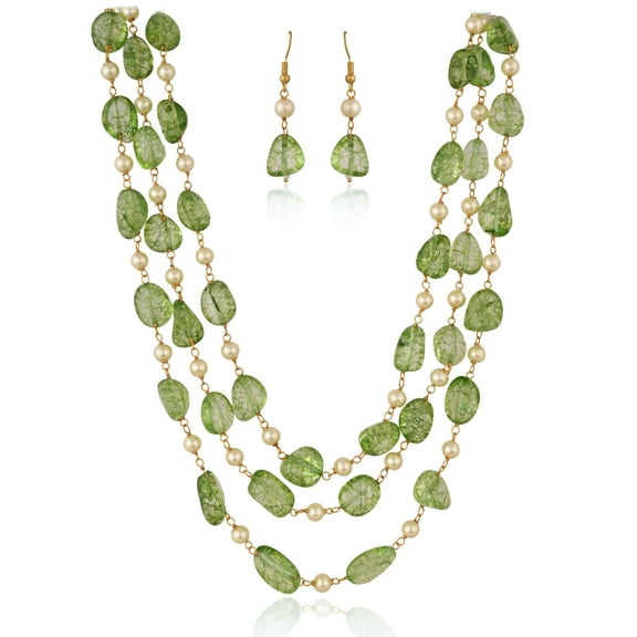 Ratnavali Jewels Peridot Green color Multi Three Strand Tourmaline Pearl Stone long Beaded Necklace Set With Earring For Women