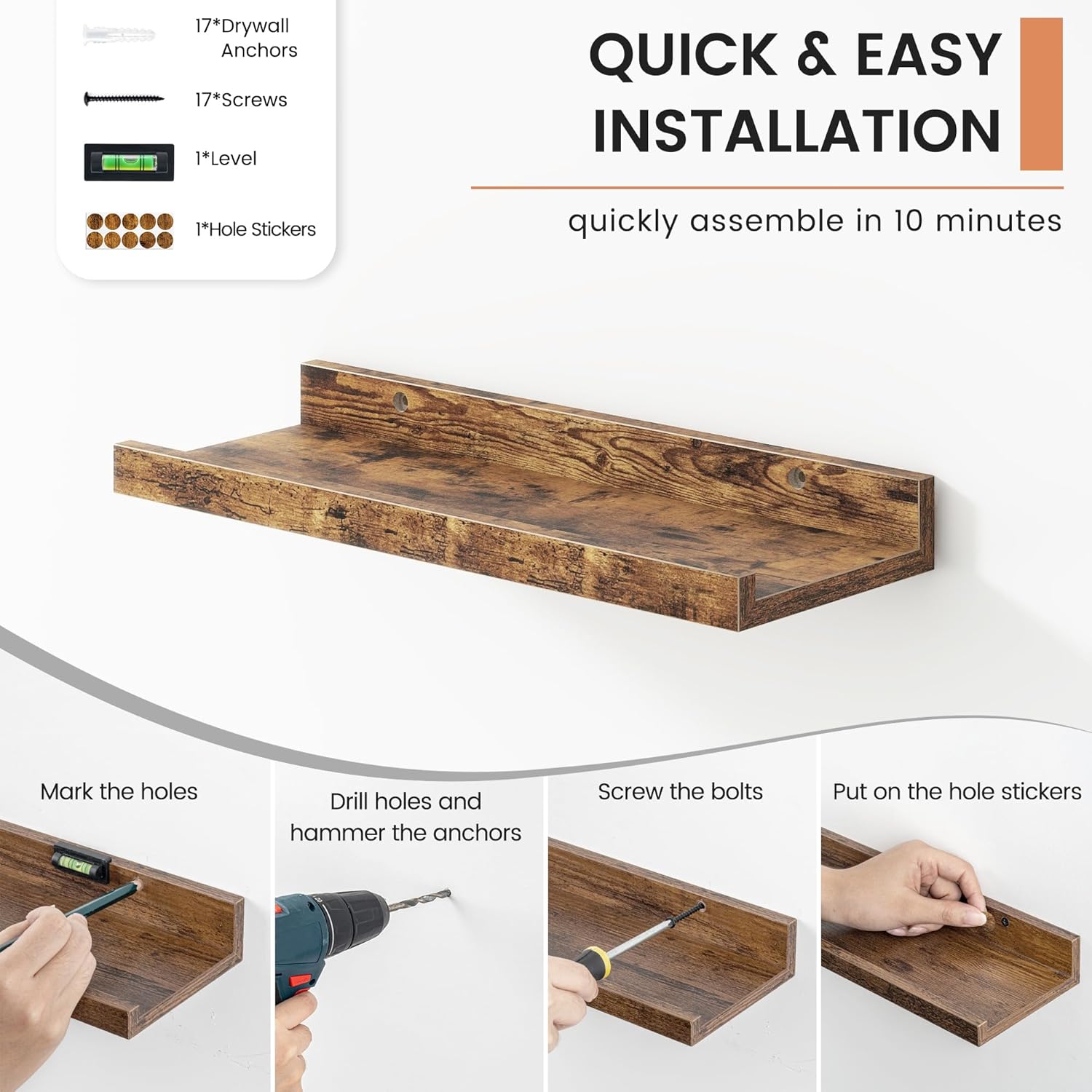 Floating Picture Ledge Shelves for Wall Set of 8, 16 Inch Solid Wood Wall Shelves with Lip Long Large Nursery Book Shelf for Toys Storage Kids Bookshelf Wall Mounted Living Room Bedroom Decor Frames