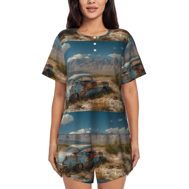 Balery Deserted Classic Car Landscape Conjunto de Pijama para Mujer con Estampado, Dos Piezas de Manga Corta y Shorts, Ropa de Dormir Suave con Cuello Redondo y Bolsillos-Small