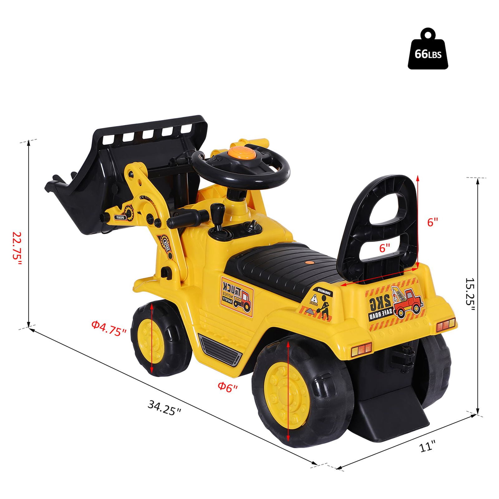 HOMCOM Ride On Excavator Toy Tractors Digger Movable Scooter Walker Pretend Play Toddler Construction Truck Basket Storage For Boys Girls 3-8 Years Old Yellow Black