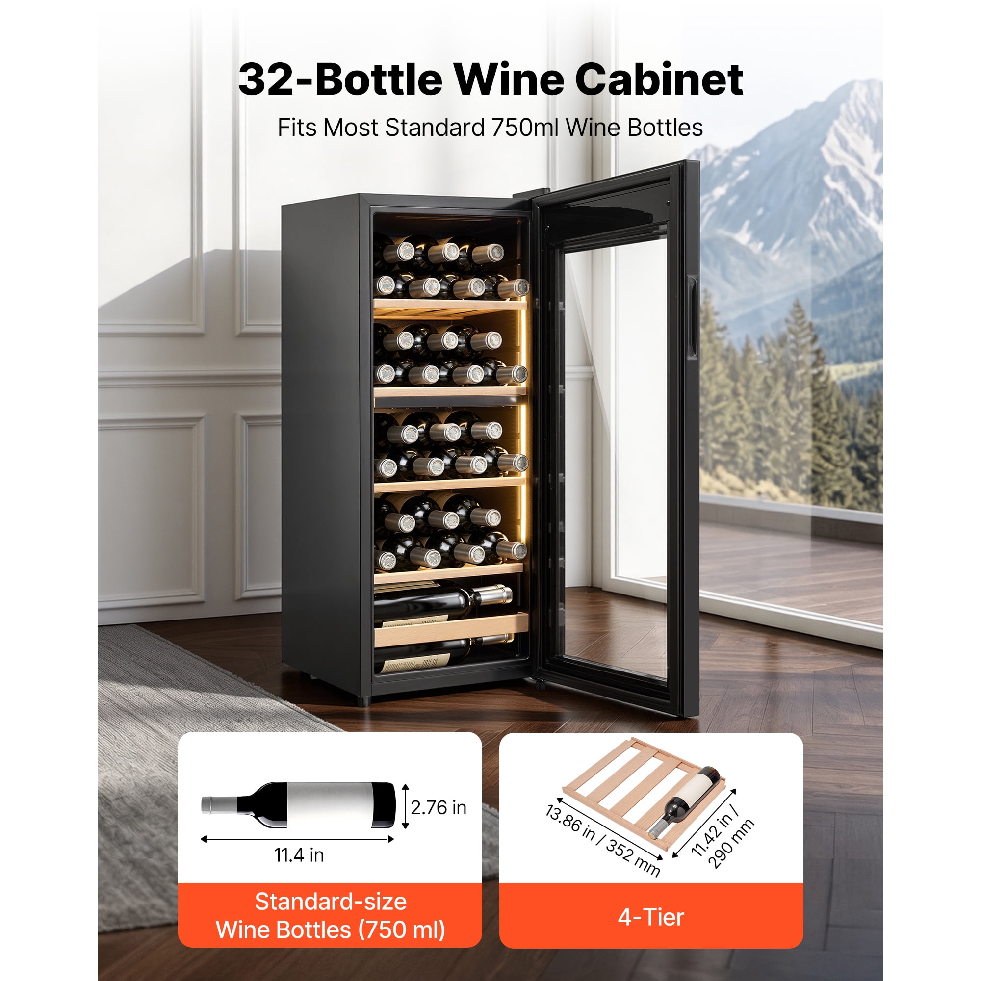 KFFKFF 32 Bottle Wine Fridge, Freestanding Wine Cooler with Dual Temperature Zones, Adjustable 41℉-65℉, Compact Refrigerator with Glass Door for Home, Office, Bar, Ideal for Red, White, Champagne