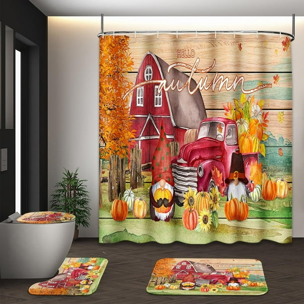 Juego de cortina de ducha con hojas de arce otoñal, tapa de inodoro y alfombrillas antideslizantes, 4 cortinas de ducha de calabaza blanca y amarilla para baño, decoración de baño de otoño