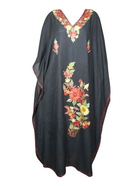 Mogul Women Maxi Caftan Dress Bohemian Summer Loose Moms Black Floral Embroidered Long Dresses 4XL