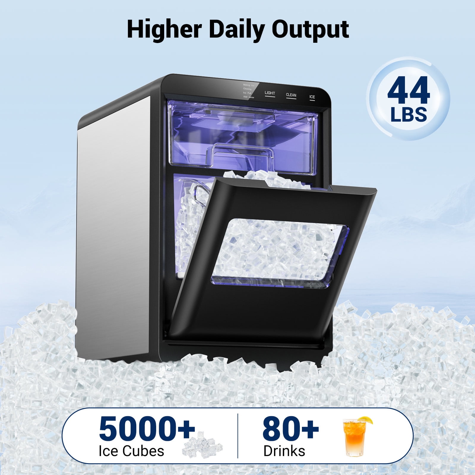 Joreek 44lbs/24H Nugget Ice Maker Countertop, Portable Chewable Pebble soft Ice Machine with Touch Screen for Home, Kitchen, Office, Stainless Steel, Black
