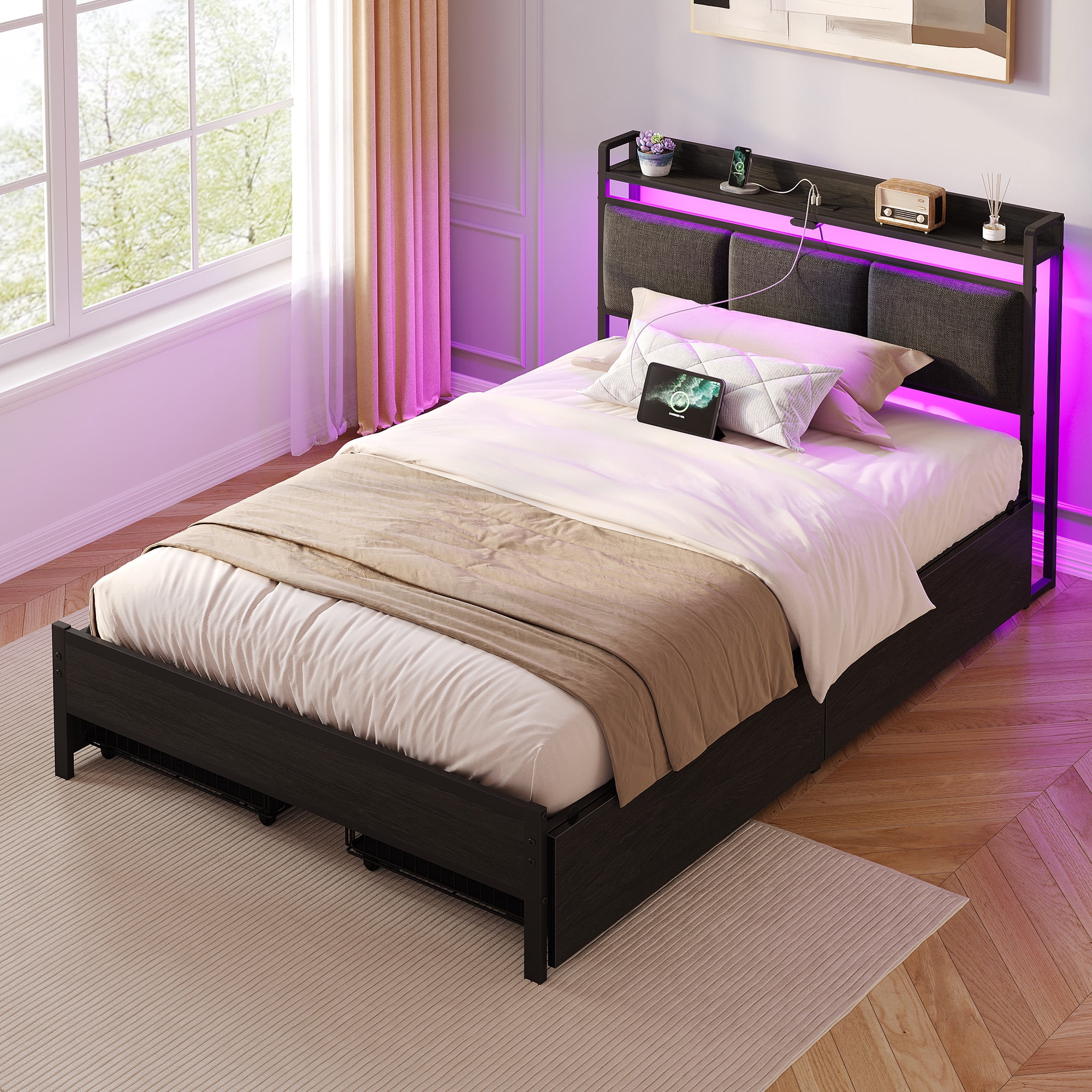 Greenstell Twin Size Bed Frame with Storage Headboard, LED Lights, Charging Station, 4 Drawers, Heavy-Duty Metal Platform Bed with USB & Type-C Ports,Dark Gray