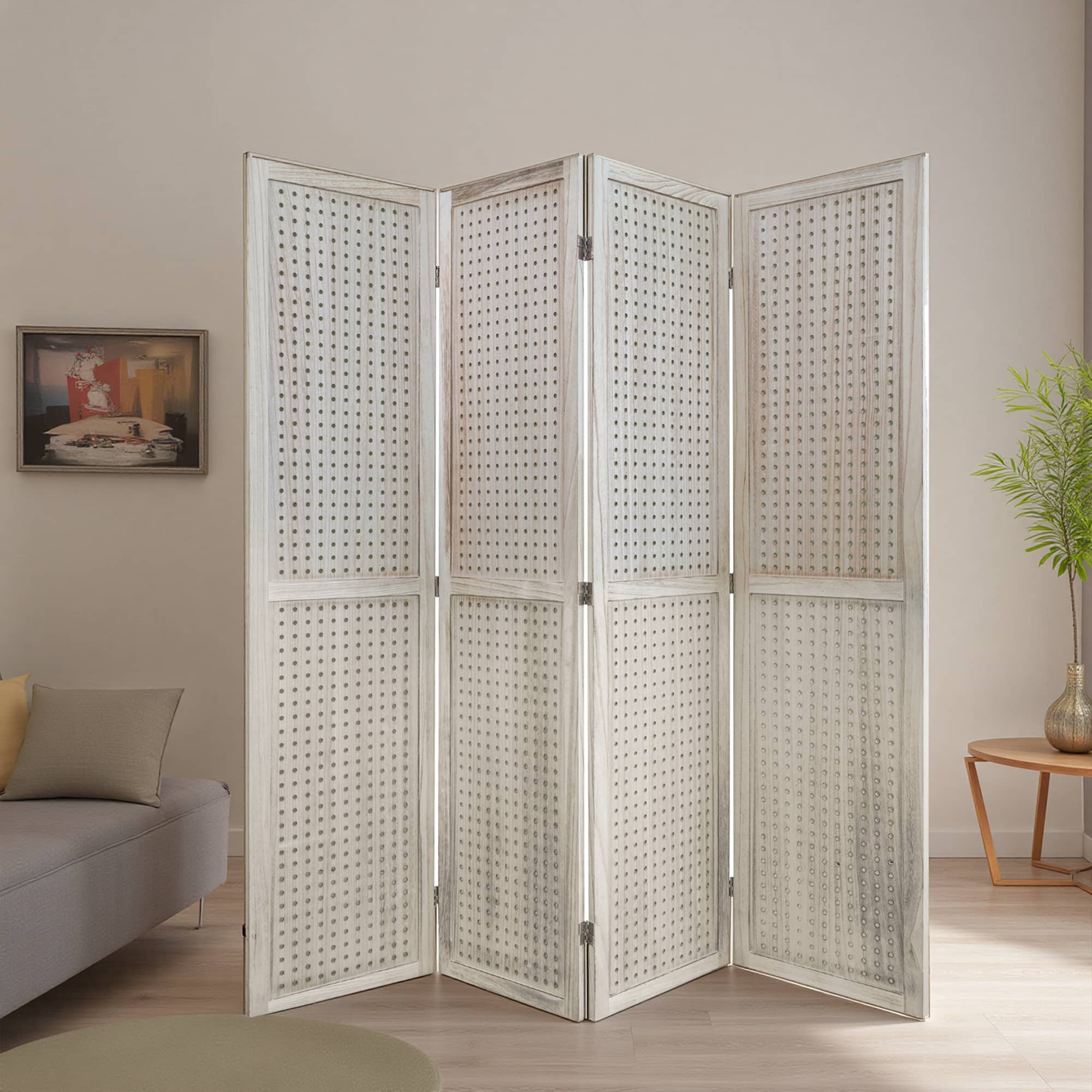 MAYEERTY 4 Panel Room Divider, 5.6Ft Wooden Freestanding Privacy Screen with Shelves, Natural Wood