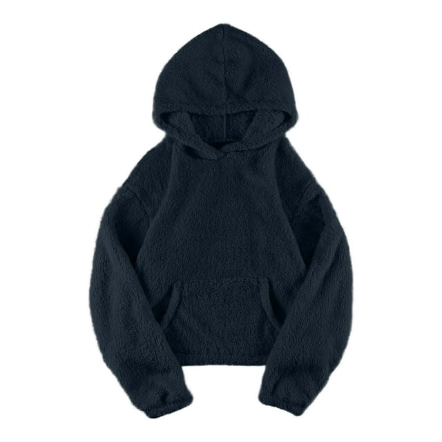 WRKEKC Womens Sherpa Hoodie Sweatshirt Fall and Winter Solid Color Double-Faced Fuzzy Hooded Jacket Short Length with Pockets