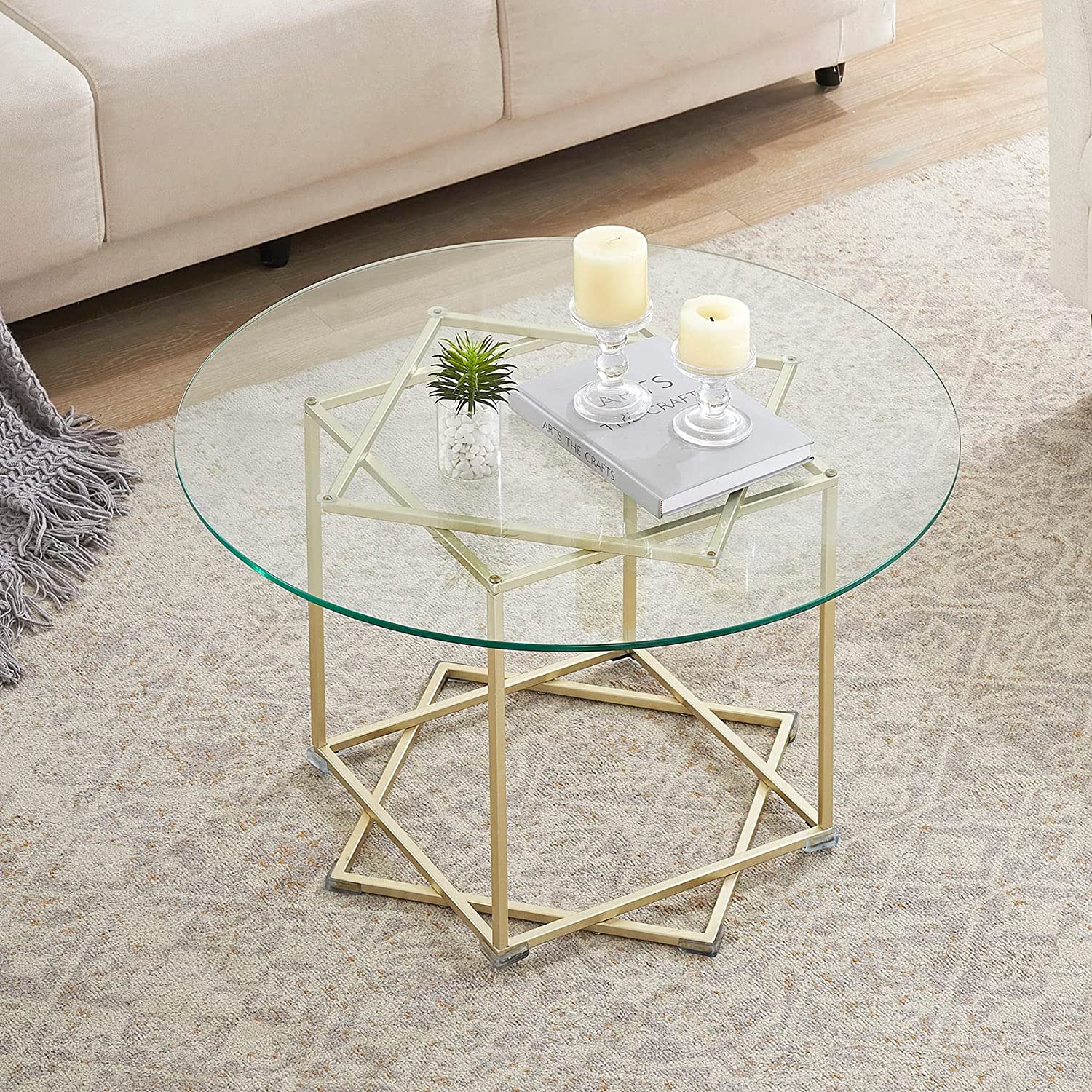 KUSONG Round Glass Coffee Table Gold Coffe Tables for Living Room