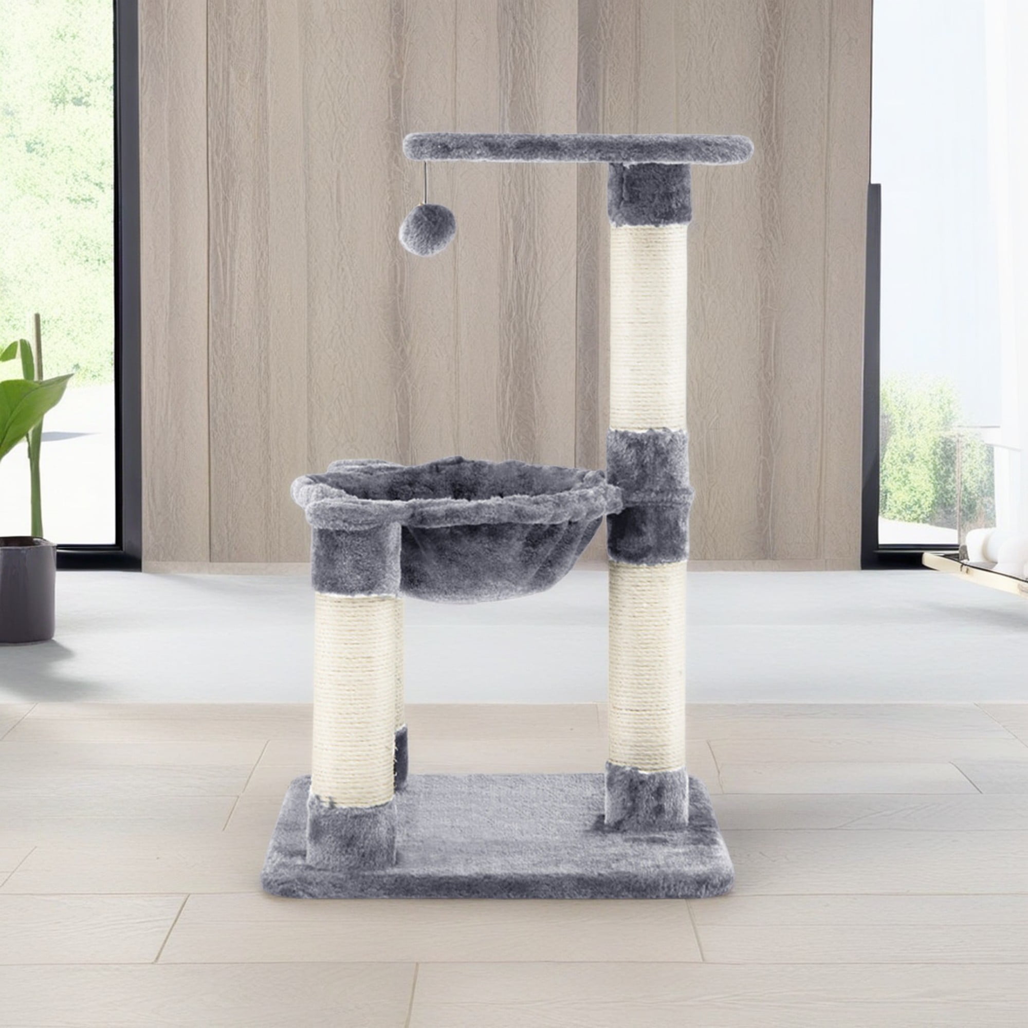 Pefilos 25" Cat Scratching Post, Sisal Rope Scratcher Tree with Hammock and Dangling Ball, Multi-level Cat Tree for Kittens and Adult Cats, Gray