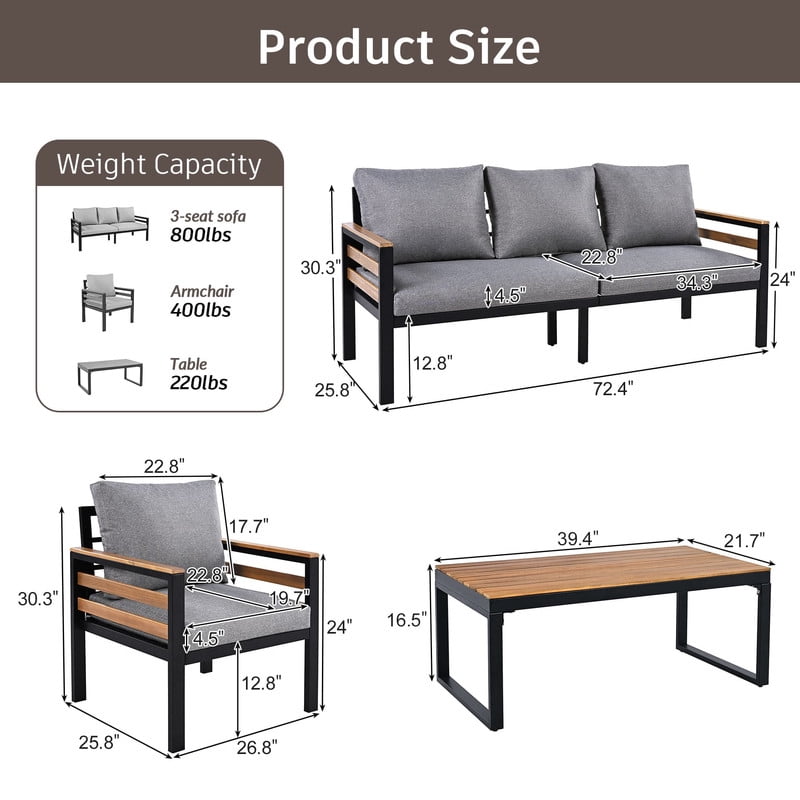 4-Piece Patio Furniture Set with Removable Cushion and Solid Wood Coffee Table, Outdoor Conversation Set with Acacia Wood Armrests & 3-Seat Sofa