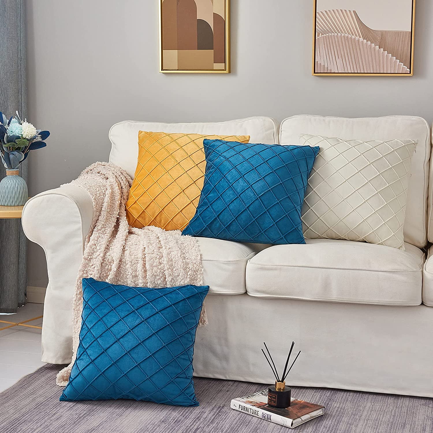 Iguohao Velvet Cream Throw Pillow Covers 18 X 18 Inches Decorative Throw Pillows For Couch Sofa Bed Beige Square Cushion Covers With Zipper Closure