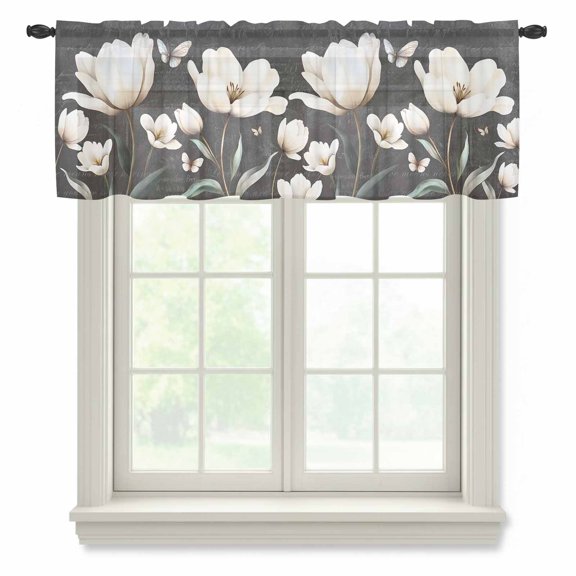 Vintage Sheer Valances for Windows White Magnolia Flower Farmhouse Semi Sheer Kitchen Valance Rod Pocket Small Window Voile Curtains for Living Room Bedroom Laundry 42 x 18 Inch
