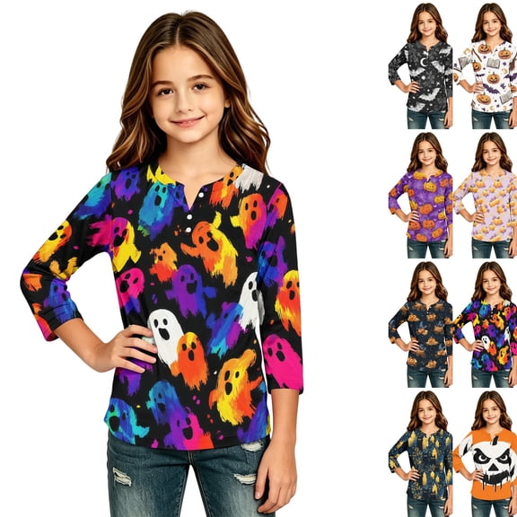 Girls Halloween Shirt Pumpkin Bat Print 3/4 Sleeve T Shirt Cute Graphic Tee Spooky Season Fall Halloween Outfit Kids Casual Top,9-10 Years,Red