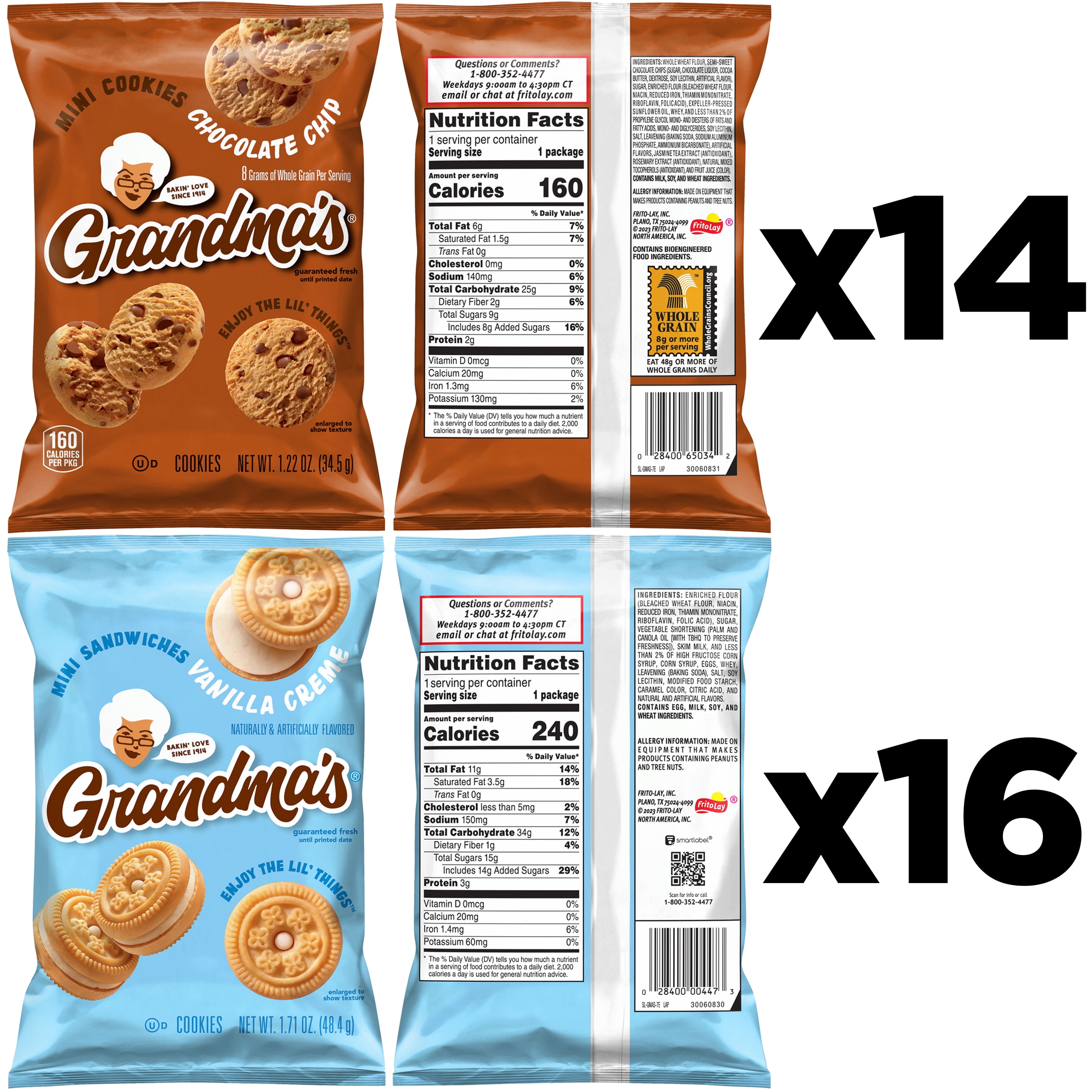 Grandma's Chocolate Chip and Vanilla Creme Flavored Mini Cookies, 30 Pack, (Packaging May Vary)