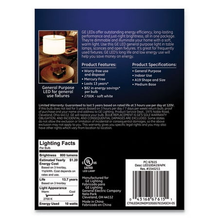 

GE Led Soft White A19 Dimmable Light Bulb 10 W 4/pack | Order of 1 Pack