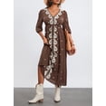 thumbnail image 5 of Caoirhny Women's Summer Embroidered Dress 3/4 Sleeve V-Neck Tie Tunic Waist Long Dress for Beach, Party, 5 of 9