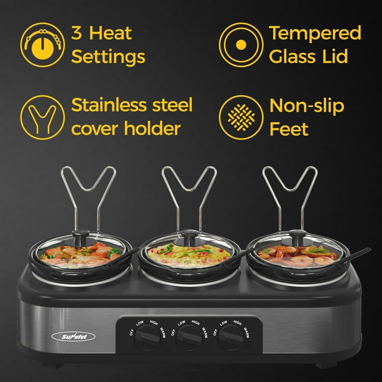 Superjoe Triple Slow Cooker, 3x1.5 Quart Electric Slow Cooker Buffet Server, Food Warmer Cooking Pot, Adjustable Temp Removable Ceramic Pots Lid Rests