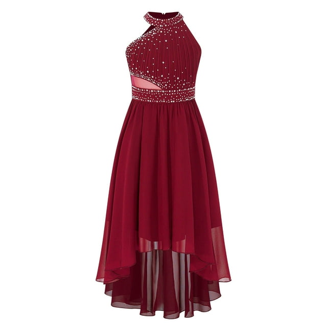 Loodgao Girls Shiny Rhinestone Party Maxi Dress Halter Sleeveless Ruched Bodice Flower Girl High-Low Dress Burgundy 12