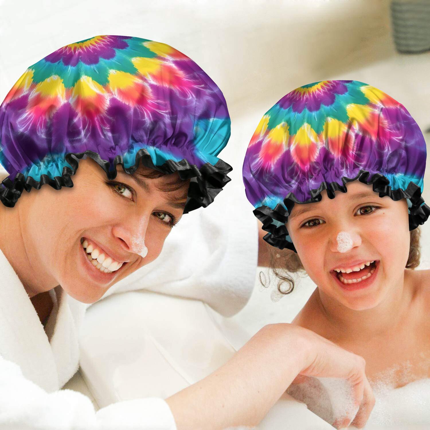 Shower Caps,Rainbow Tie Dye Radial Pattern Waterproof Shower Cap for Women 4 Pieces,Double Reusable Hair Cover for Shower PEVA Elastic Stretch Hem