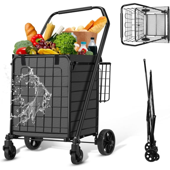 Grocery Cart on Wheels for Groceries, Folding Shopping Carts with Liner, 110LBS Large Capacity Jumbo Grocery Cart with Dual Basket, 360° Rolling Laundry Cart, Lightweight Trolley for Senior