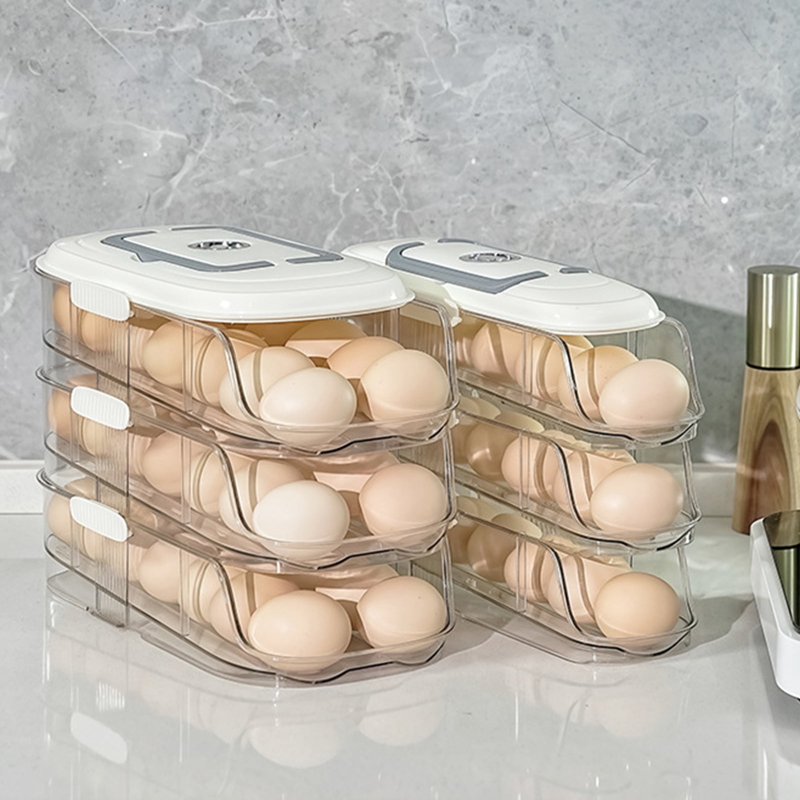 mdesiwst Automatic Rolling Egg Holder 1/2/3-Tier Kitchen Fridge Fresh Egg Storage Rack Plastic Egg Organizer Container Dispenser with Handle