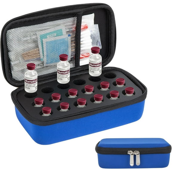 SUNMON Insulin Vials Refrigerator Storage Case - 18-Slots Insulin Small Bottle Organizer Medical Bag, Insulin Cooler Travel Case Compatible with U-100 Vials,  (Blue）