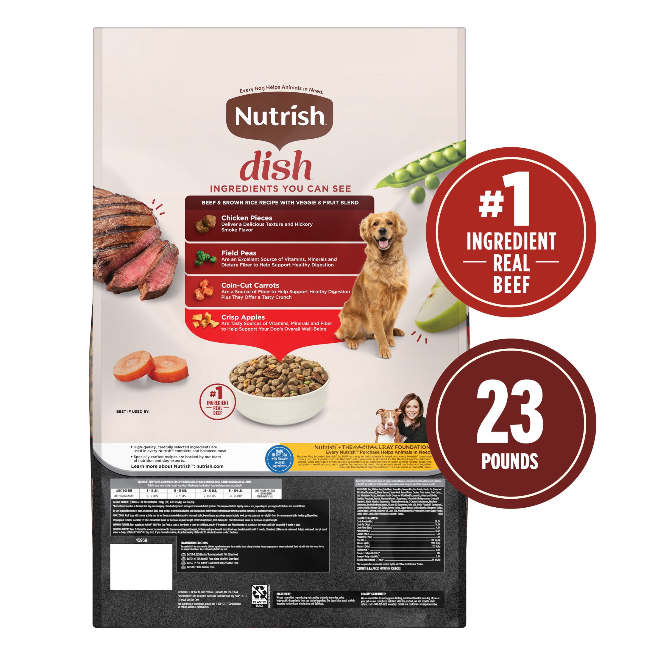 Nutrish Dish Beef & Brown Rice Recipe with Veggie & Fruit Blend Dry Dog Food, 23 lb. Bag (Rachael Ray)