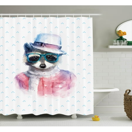 Kids Shower Curtain Set Retro Hipster Funky Raccoon With