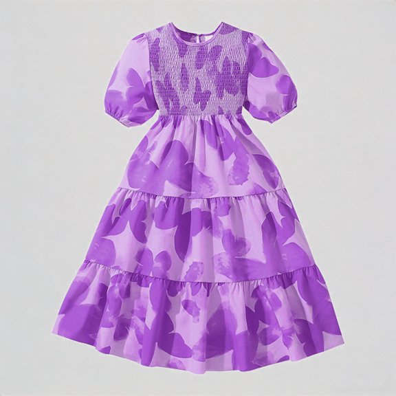 REDARER Girls' Puff Sleeve Smocked Tiered Maxi Dress Summer Party & Vacation Outfit,10 Years