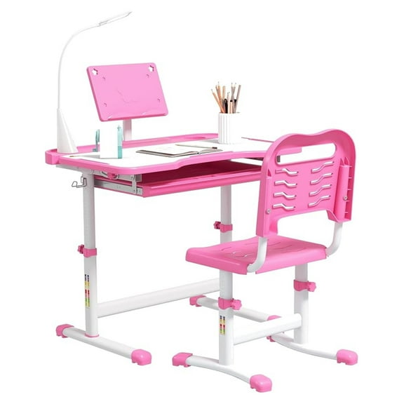 Kids Desk and Chair Set, Height Adjustable School Desk Chair Set with Tilt Desktop, USB Light, Storage Drawer for Study, Activities, Arts, or , Pink and White