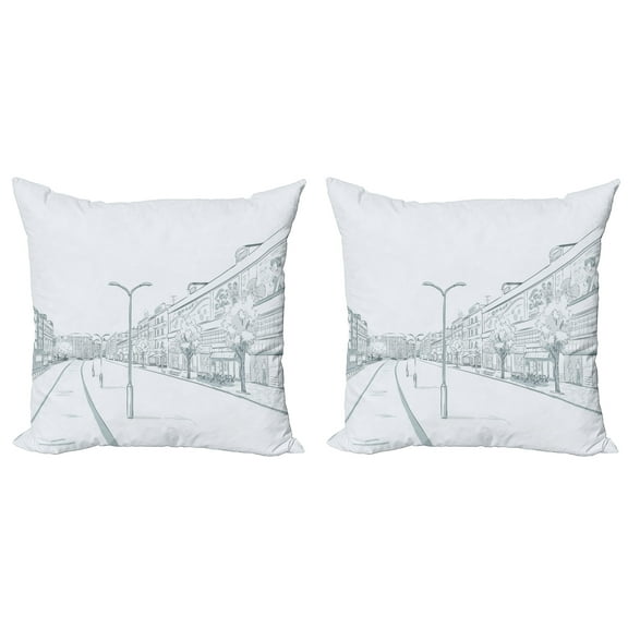 Ambesonne City Throw Pillow Cover 2 Pack, Pastel Sketch Urban Panorama, 18", Blue Grey Slate Blue