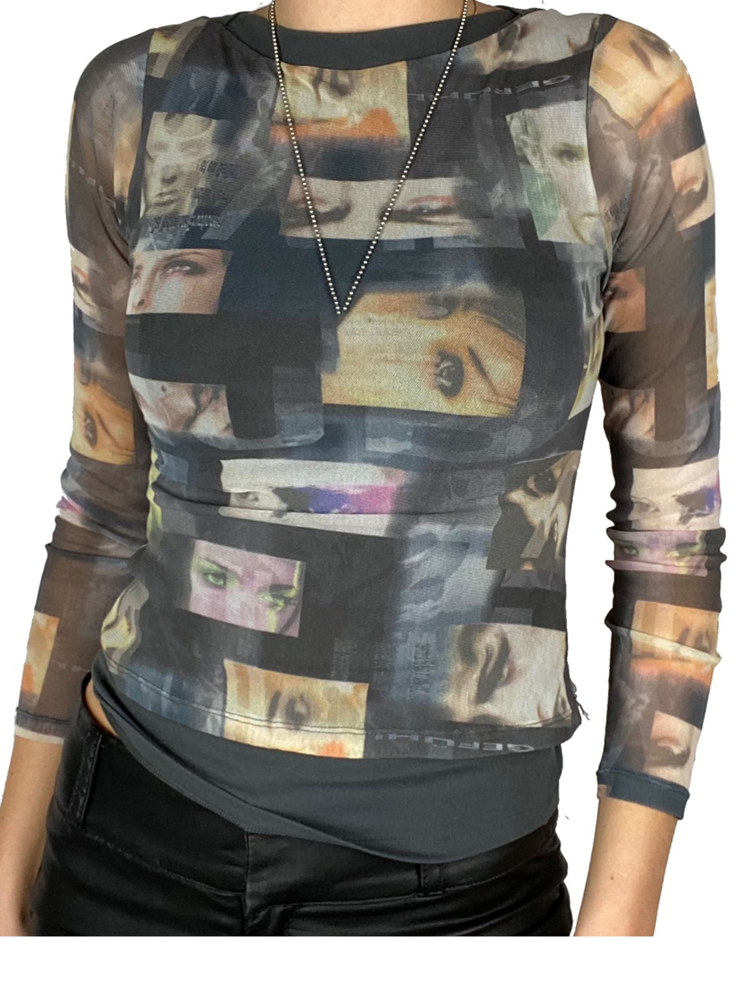 Douhoow Women Long Sleeve See Through Shirts Sheer Mesh Crop Tops Crew Neck  Graphic Print Tee