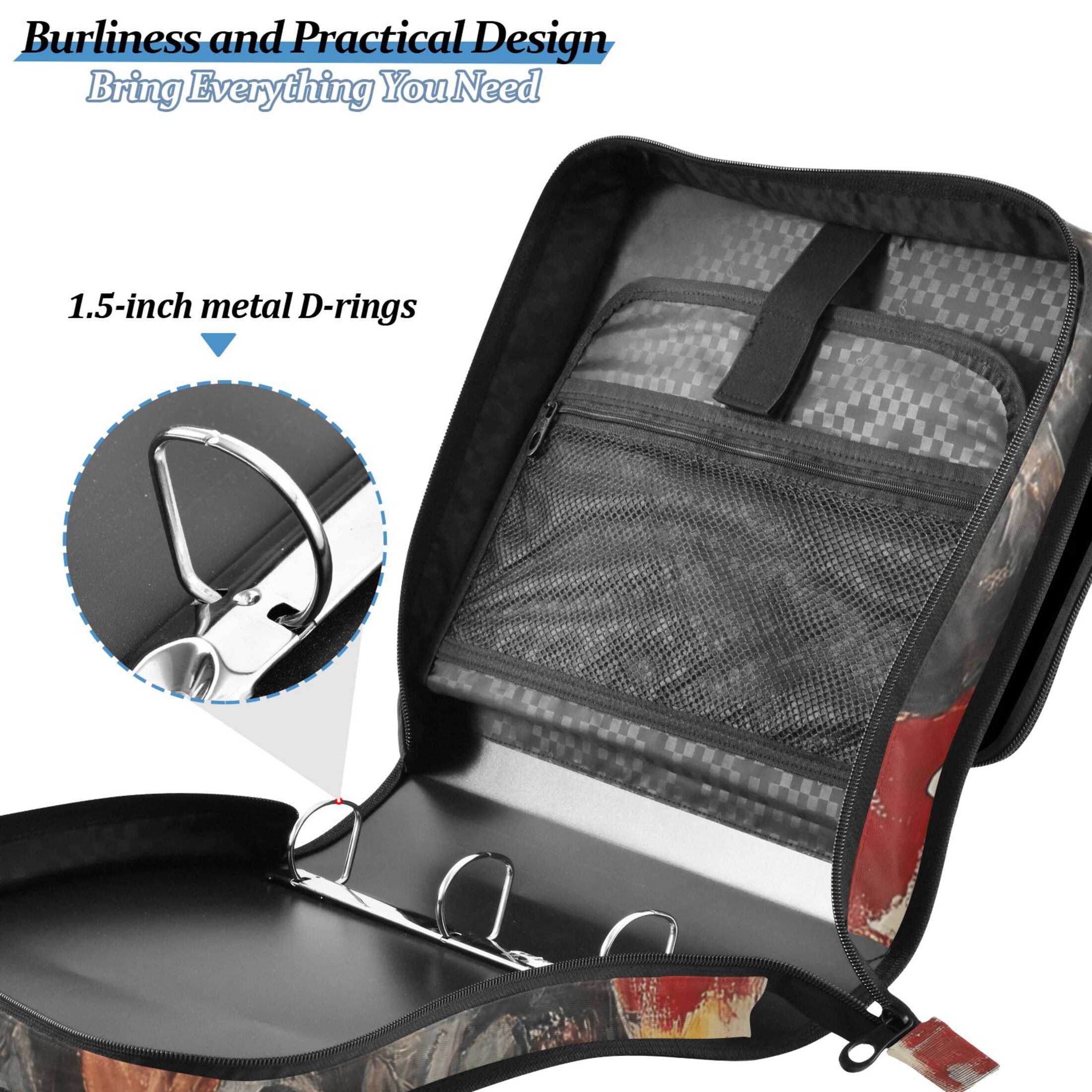 3 Ring Zipper Binder with Shoulder Strap Waterproof Trapper Keeper 2 Inch D-Ring 500 Sheets Capacity American Worker and Flag