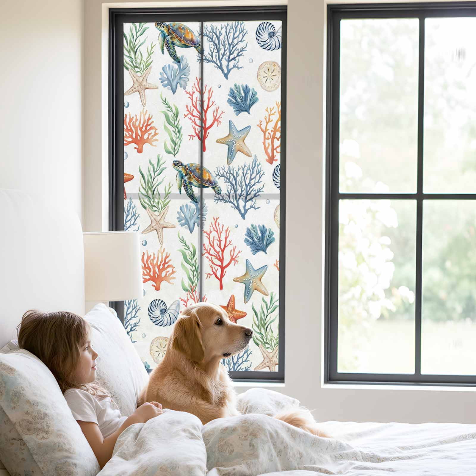 Summer Ocean Window Privacy Film, Nautical Coastal Sea Turtles Shells Corals Starfish Frosted Glass Window Clings Static Cling UV Heat Blocking Reusable Door Sticker for Bathroom 23.6 x 59 Inch