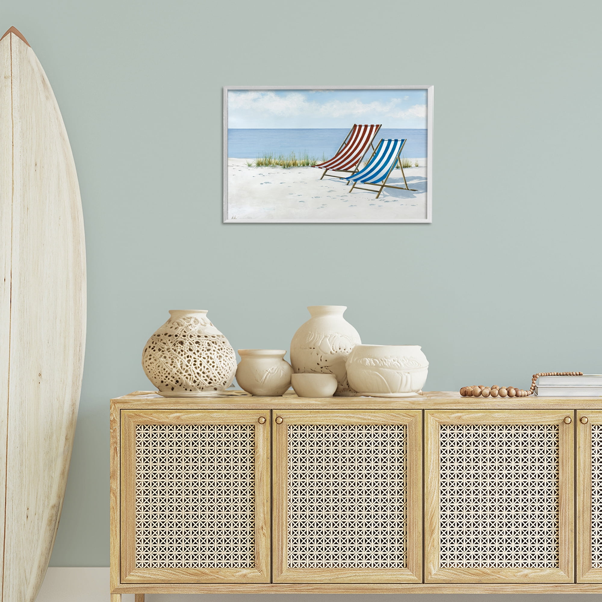 Stupell Industries Serene Beach Chairs Landscape Painting White Framed Art Print Wall Art, 24 x 16