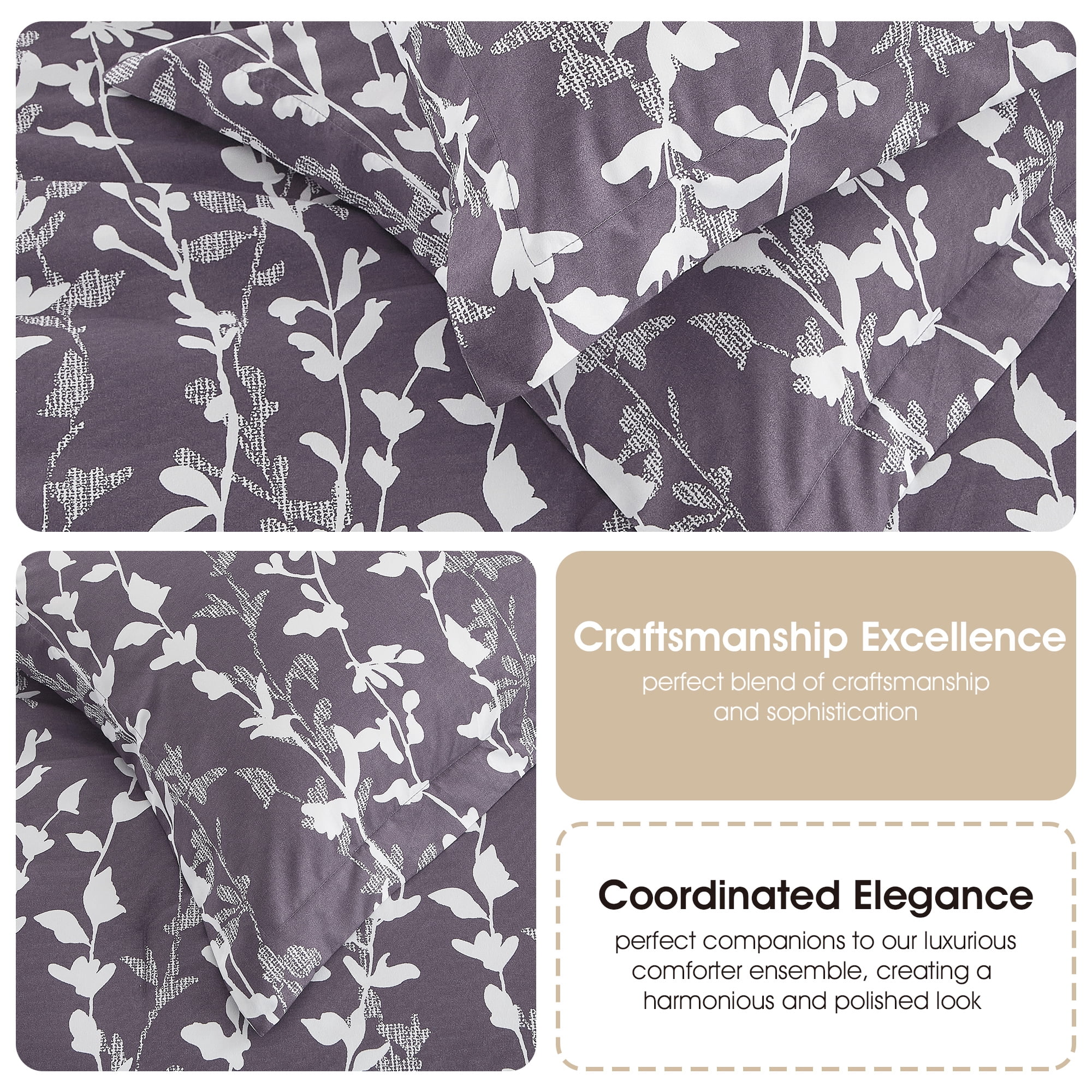 Nanshing 3 Piece Grayish Purple Comforter Set, Queen Size Solid Microfiber Print Bedding Set,All Season Leaves Bedding