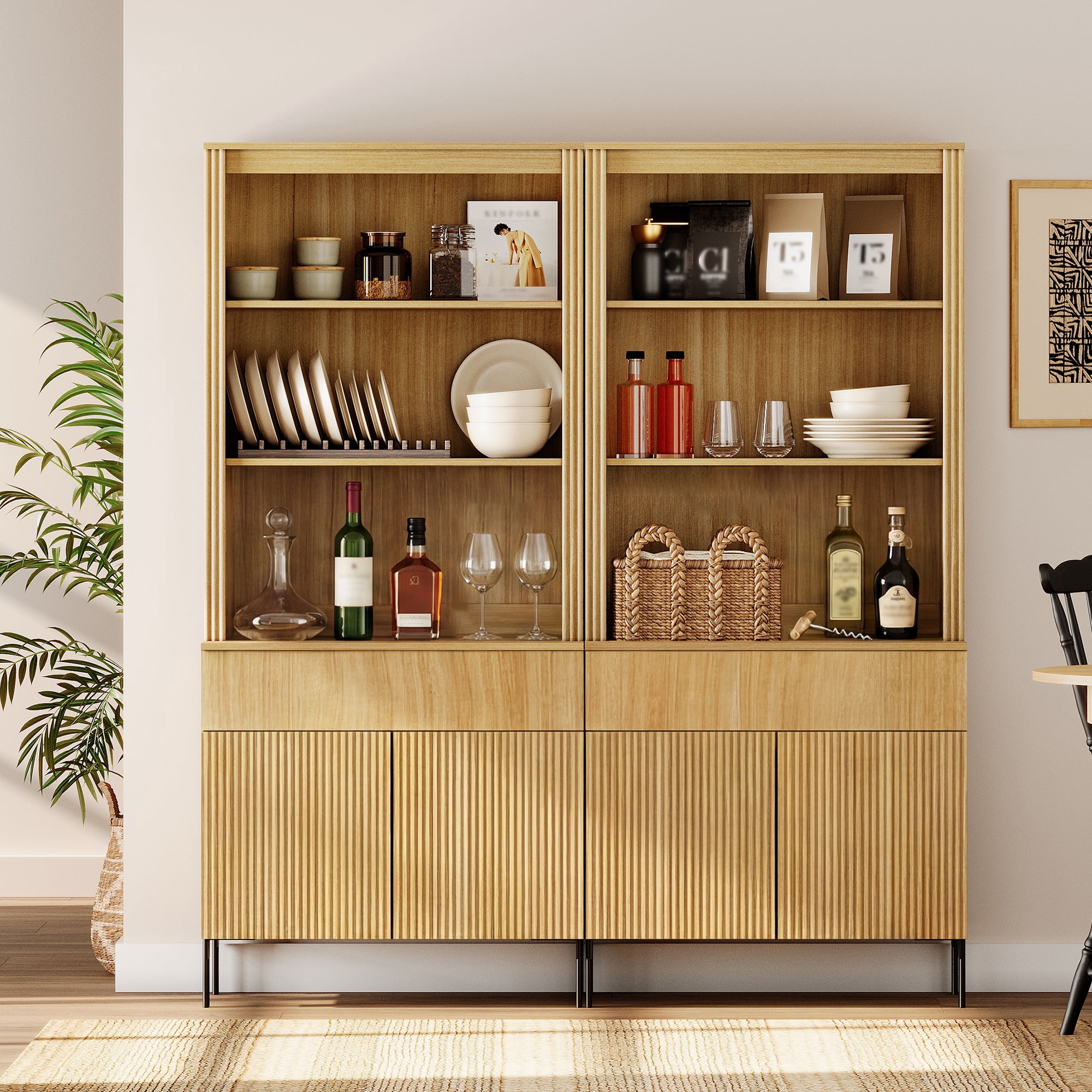 71.6" Tall Fluted Kitchen Pantry Cabinet Set of 2, Wood Bookcase Display Cabinet with Doors and Adjustable Shelves, Modern Versatile Cupboard For Dining Room, Bedroom