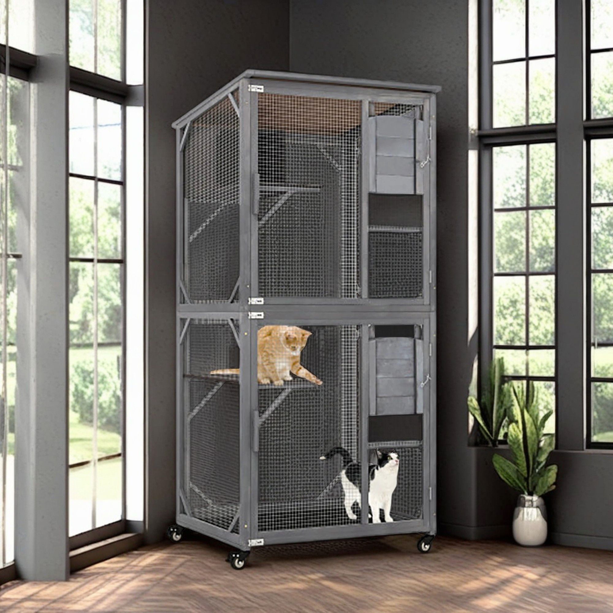 Pefilos 72" Outdoor Wood Cat House, 3 Floors Cat Enclosure Catio, Indoor Kitten Playpen with Resting Box, Cat Cage Waterproof Asphalt Roof, Gray